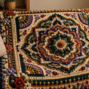 May include: A crochet blanket featuring a large, intricate central mandala design in shades of teal, deep purple, mustard yellow, and cream. The textile is embellished with three-dimensional floral motifs, textured bobble stitches, and scalloped edges.