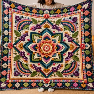 May include: A square crochet blanket featuring a central mandala design with layered petals in shades of pink, orange, and yellow. The border includes dark blue yarn with repeating leaf motifs, small purple flowers, and textured bobble stitch accents.
