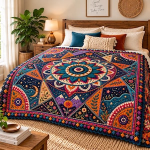 May include: A quilted bedspread featuring a central mandala design in shades of deep blue, orange, and teal. The pattern includes geometric shapes, crescent moons, stars, floral motifs, and mountain silhouettes with a scalloped, multicoloured border.