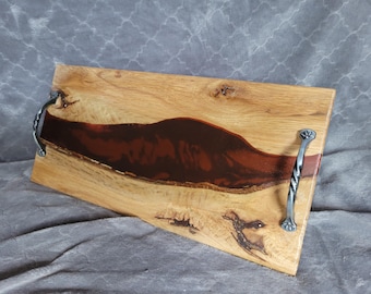 Small live edge hickory tray with red epoxy and handles