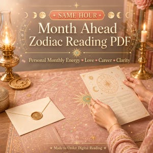 May include: A digital zodiac reading PDF document featuring text that reads SAME HOUR Month Ahead Zodiac Reading PDF Personal Monthly Energy Love Career Clarity. The document is displayed on a pink mat with gold celestial and zodiac symbols.