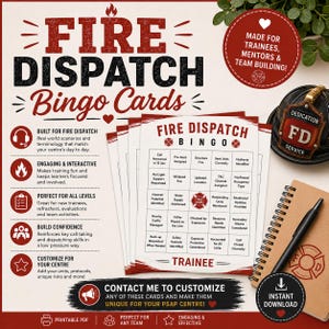 Könnte beinhalten: Ein Set von Fire Dispatch Bingo-Karten mit einem Raster, das Textvorgaben wie Call Answered in 15 Sec, Structure Fire und Wildland Fire enthält. Die Karten sind weiß mit roten Akzenten und einem zentralen Feld mit einem Feuerwehr-Emblem.