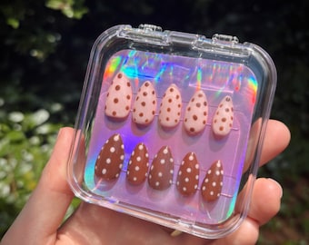 size medium pink and brown polka dot press on nails! short almond length.