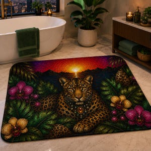 May include: A rectangular bath mat featuring a mosaic-style illustration of a leopard resting in a tropical jungle. The scene includes vibrant purple and yellow orchids, lush green foliage, and a sunset over distant mountains in the background.