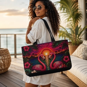 May include: A large tote bag featuring a vibrant, colourful graphic print of two pink flamingos facing each other against a sunset over the ocean, surrounded by tropical hibiscus flowers and palm trees, with black shoulder straps and a black base.