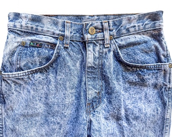Vintage 80er Jahre H.I.S Acid Wash Jeans, hochgeschnitten, gerades Bein, hergestellt in den USA, Größe W29 L30, Damen, Medium Denim