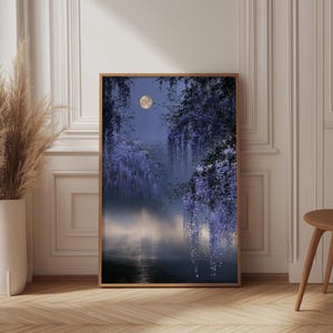 Japanese Wisteria Wall Art | Nihonga Botanical Print | Moonlit Floral Poster | Asian Nature Zen Decor