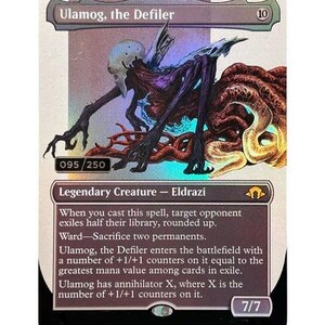May include: A holographic Magic: The Gathering trading card titled Ulamog, the Defiler, featuring a dark, multi-limbed creature with a pale head and red tentacles. The card displays the text 095/250, Legendary Creature - Eldrazi, and 7/7 power/toughness.