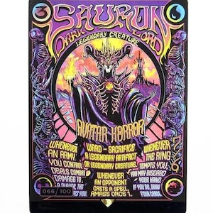 May include: A rectangular trading card featuring a stylized illustration of Sauron, Dark Lord, in purple, yellow, and black. The card displays text including "Legendary Creature," "Avatar Horror," and game rules, with a numbered "066/100" stamp at the bottom.