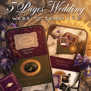 May include: A 5-page wedding website template featuring Canva and Google Form integration with over 250 hand-drawn illustrations. The design displays a celestial theme with deep purple, gold, and white accents, including countdown timers and photo placeholders.