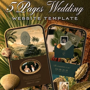 Puede incluir: Una plantilla de sitio web de bodas de 5 páginas con integración de Canva y Google Form, que incluye más de 250 ilustraciones dibujadas a mano. La pantalla digital muestra un tema tropical con palmeras, conchas y un temporizador de cuenta atrás.