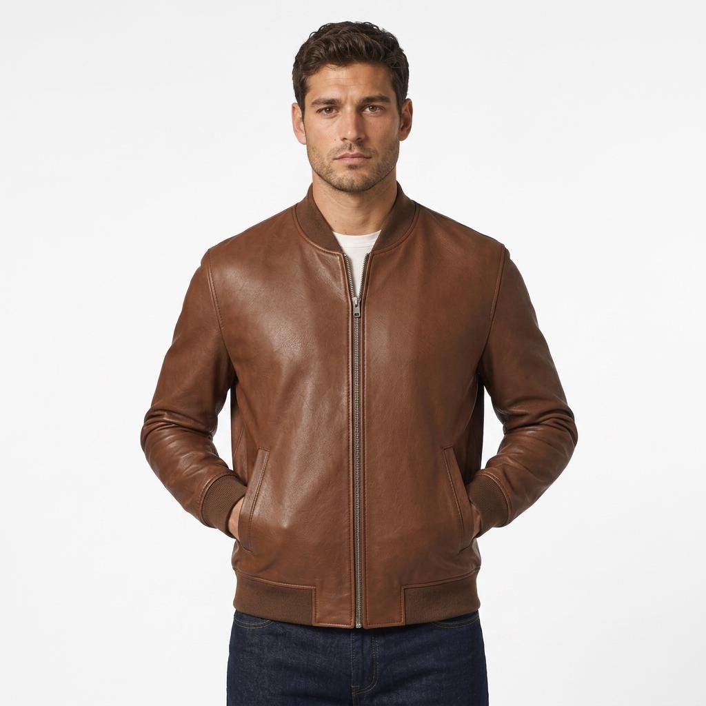 Men's Cognac Brown Leather Bomber Jacket