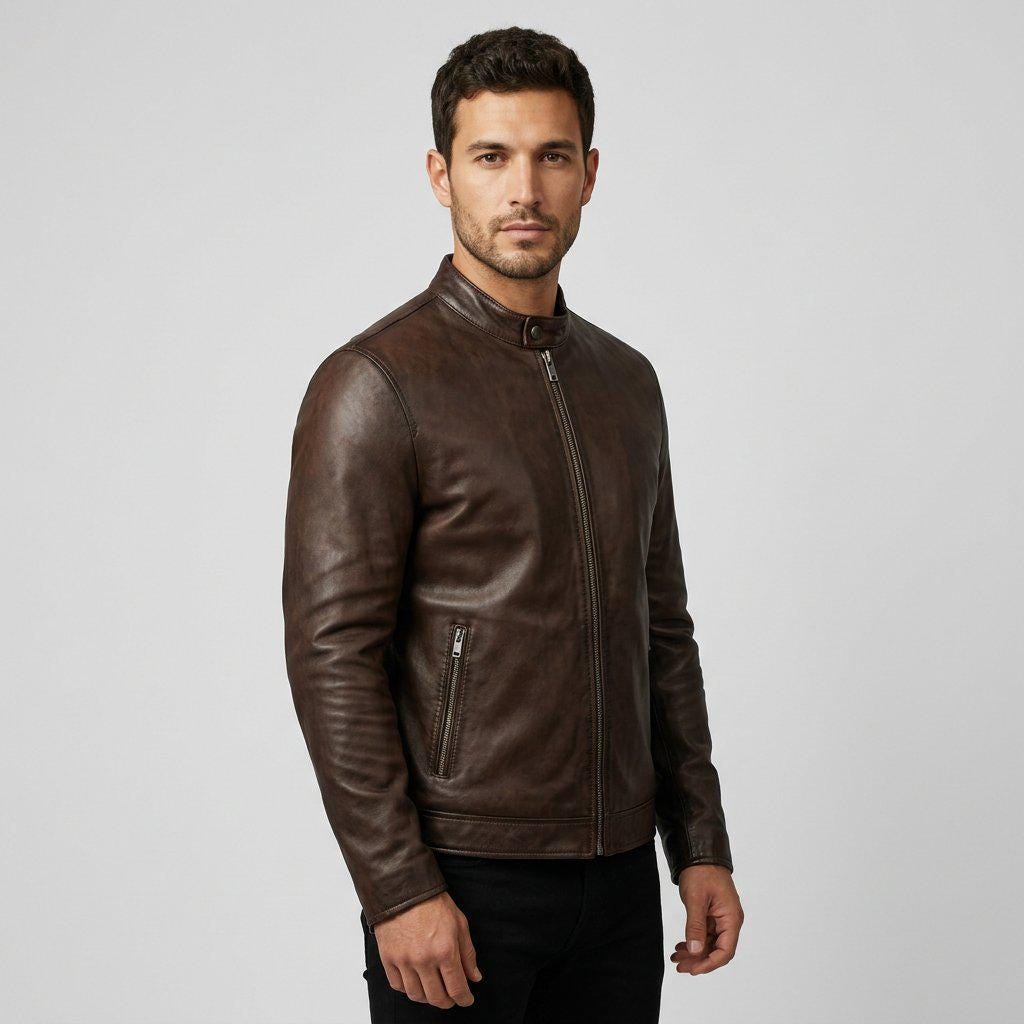 Men's Brown Sheepskin Cafe Racer Leather Jacket