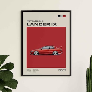 Peut inclure: Une affiche encadrée représentant une illustration de voiture Mitsubishi Lancer IX rouge sur fond rouge. Le texte indique MITSUBISHI LANCER IX, 2007, ainsi que des spécifications techniques : 286 HP, 392 NM, 5.0 SEC, 1450 KG, 250 KM/H et 2.0 L.