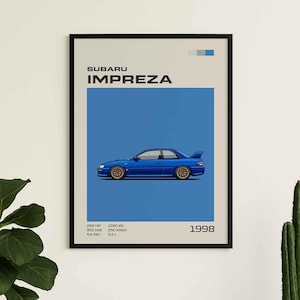 May include: A framed wall art print featuring a side profile illustration of a blue 1998 Subaru Impreza with gold wheels. The text reads SUBARU IMPREZA, 1998, 280 HP, 350 NM, 5.4 SEC, 1280 KG, 250 KM/H, and 2.2 L on a light beige background.