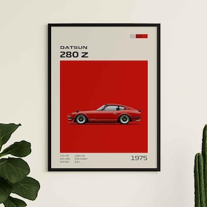 Op de afbeelding: Een ingelijste poster met een illustratie van een rode Datsun 280 Z auto gecentreerd op een rode achtergrond. De tekst luidt DATSUN 280 Z en 1975, met technische specificaties zoals 170 HP, 221 NM, 9.4 SEC, 1281 KG, 205 KM/H en 2.8 L.