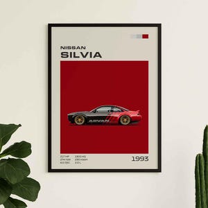 Digitale poster van de Nissan Silvia S14 uit 1993, printbare muurdecoratie voor een JDM-auto, Japanse driftauto-kunst, garagedecoratie uit de jaren 90