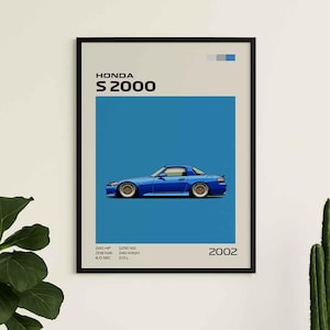 Op de afbeelding: Een ingelijste poster met een blauwe Honda S2000 sportwagen in zijaanzicht. Het ontwerp bevat de tekst HONDA S 2000, 2002 en technische specificaties zoals 240 HP, 208 NM, 6.0 SEC, 1250 KG, 240 KM/H en 2.0 L op een lichte achtergrond.