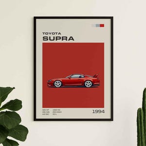 Puede incluir: Una lámina enmarcada con una ilustración de perfil de un Toyota Supra rojo de 1994. El póster incluye el texto TOYOTA SUPRA, el año 1994 y especificaciones técnicas que incluyen 320 HP, 431 NM, 4.6 SEC, 1560 KG, 250 KM/H y 3.0 L.