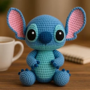 Peut inclure: Une peluche crochetée bleue et bleu clair avec de grandes oreilles aux sections intérieures roses, un nez bleu foncé et deux grands yeux noirs avec des reflets blancs. Le personnage a une tête ronde, un corps texturé et de petits pieds griffus.