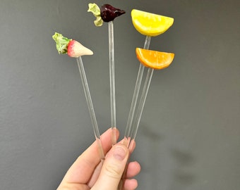4 Vintage fruit & vegetable swizzle sticks