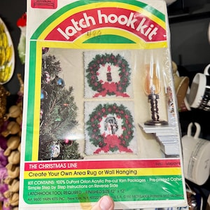 Vintage 1970s Christmas Latch Hook Kit New Factory Sealed wreath candle