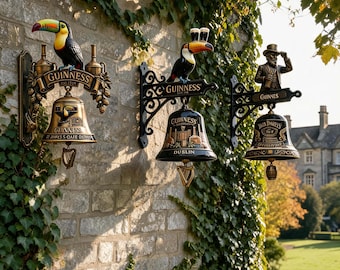 Campanello 3D in resina unico, con un tucano colorato su un'insegna della Guinness, perfetto per case a tema irlandese o per le "man cave".