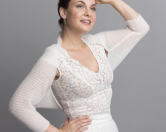 Lace Wedding Bolero knitted in a light lace pattern not only for brides made with soft baby alpaca wool in 3/4 sleeves ivory