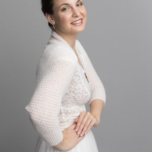 Lace Wedding Bolero knitted in a light lace pattern not only for brides made with soft baby alpaca wool in 3/4 sleeves ivory image 3