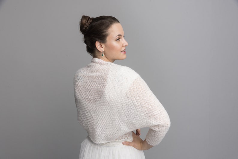 Lace Wedding Bolero knitted in a light lace pattern not only for brides made with soft baby alpaca wool in 3/4 sleeves ivory image 9