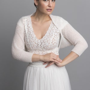 Lace Wedding Bolero knitted in a light lace pattern not only for brides made with soft baby alpaca wool in 3/4 sleeves ivory image 2