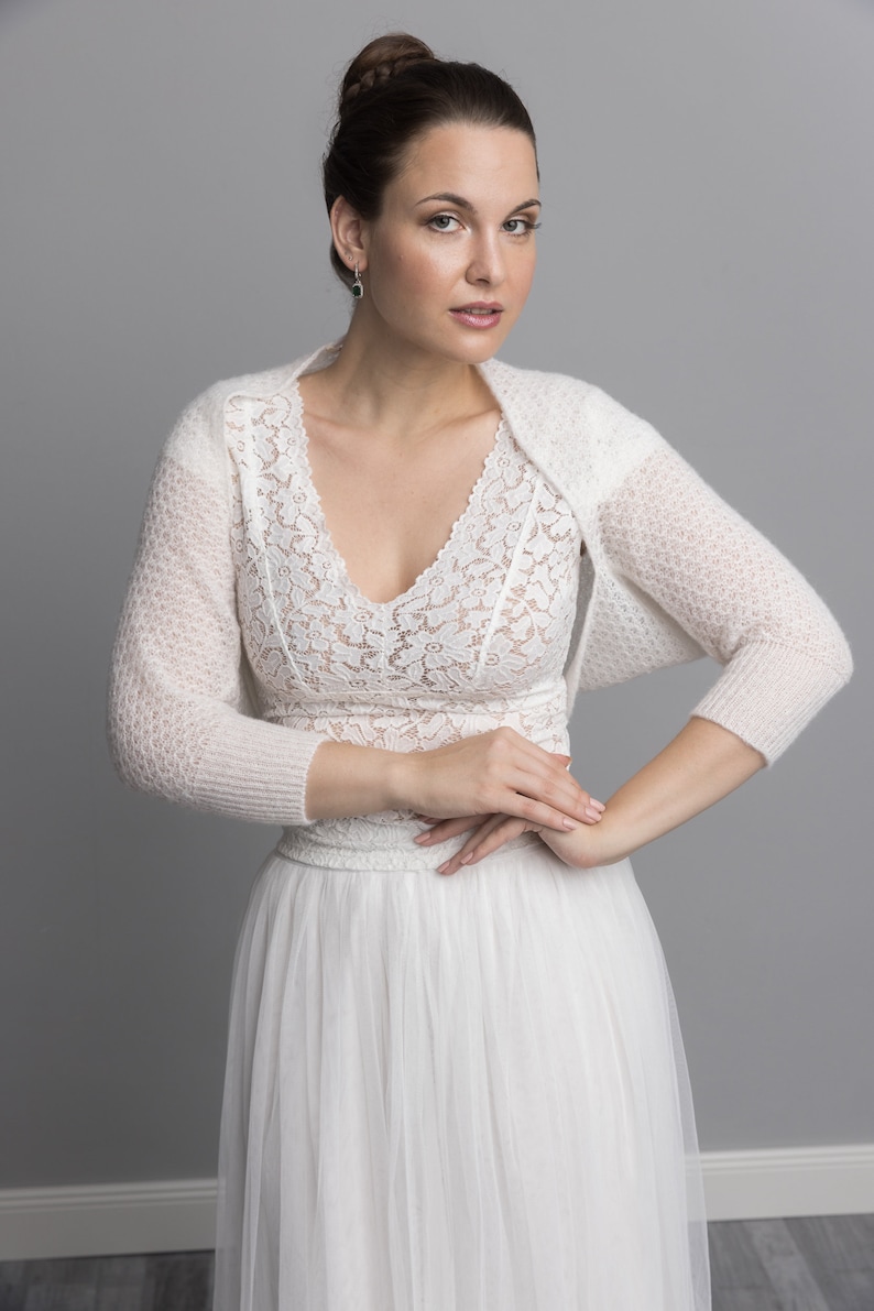 Lace Wedding Bolero knitted in a light lace pattern not only for brides made with soft baby alpaca wool in 3/4 sleeves ivory image 2