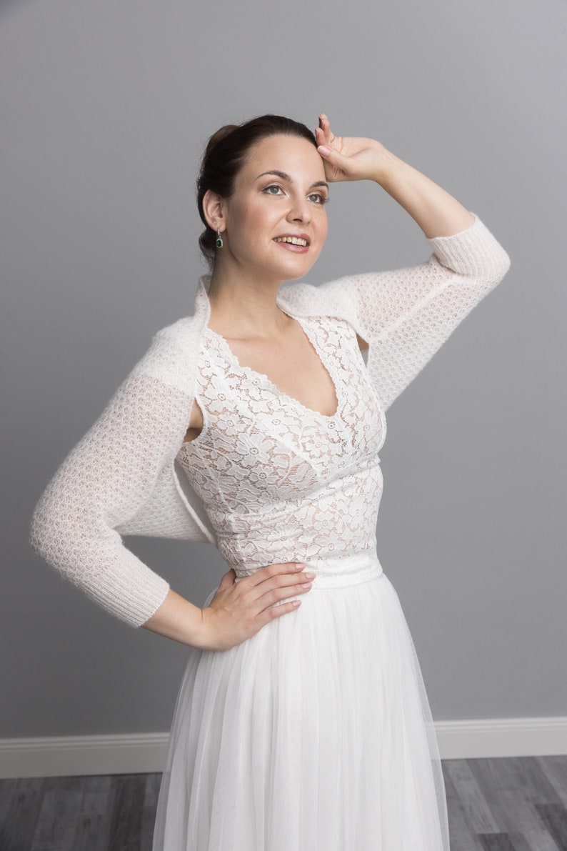 Lace Wedding Bolero knitted in a light lace pattern not only for brides made with soft baby alpaca wool in 3/4 sleeves ivory image 1