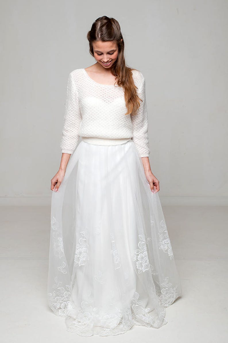 bridal knit sweater lace pattern and tull skirt