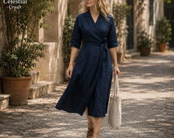 Cotton Linen Wrap Midi Dress, Tie Waist Summer Dress, Navy Blue Women's Apparel