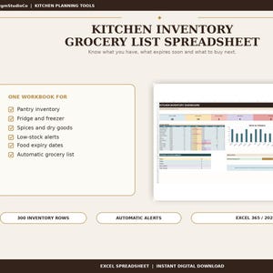 May include: A digital kitchen inventory and grocery list spreadsheet for Excel 365/2021+. The interface displays a dashboard with charts, inventory rows, and automated alerts for pantry, fridge, freezer, spices, dry goods, and food expiry dates.