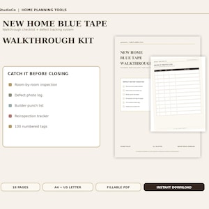 May include: A New Home Blue Tape Walkthrough Kit featuring a room-by-room inspection checklist, defect photo log, builder punch list, reinspection tracker, and 100 numbered tags. This 18-page fillable PDF set is available in A4 and US Letter sizes.