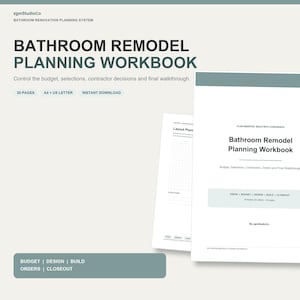 Badrumsrenoveringsplanerare i PDF-format, renoveringsbudget och checklista för entreprenör, val av kakel, digital nedladdning