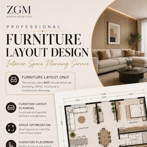 Op de afbeelding: Een professionele flyer voor meubelindeling-ontwerpdiensten met het ZGM Interior Design Studio logo, een foto van een woonkamer en een gedetailleerde plattegrond met afmetingen. Het document vermeldt de diensten en details.
