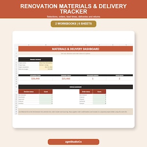 May include: A digital renovation materials and delivery tracker spreadsheet template featuring a materials and delivery dashboard, project details section, estimated totals, and status summary tables for tracking orders, decisions, and project issues.