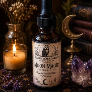 May include: A dark amber glass dropper bottle with a black cap and a beige label featuring an owl illustration, the text Rowan Blackthorn's Apothecary Moon Magic Ritual Oil, and the phrase Trust the Wisdom Within and Beyond with a crescent moon.