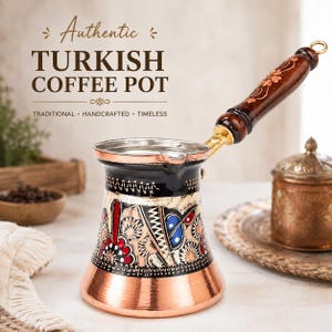 Handmade Engraved Copper Turkish Coffee Pot, Black Enamel Ibrik, Traditional Ottoman Cezve