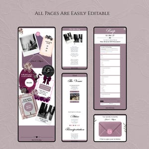 May include: A digital wedding invitation suite template featuring multiple screens with mauve and dark purple accents. The design includes editable sections for RSVP forms, venue details, attire, transportation, and photo galleries with floral motifs.