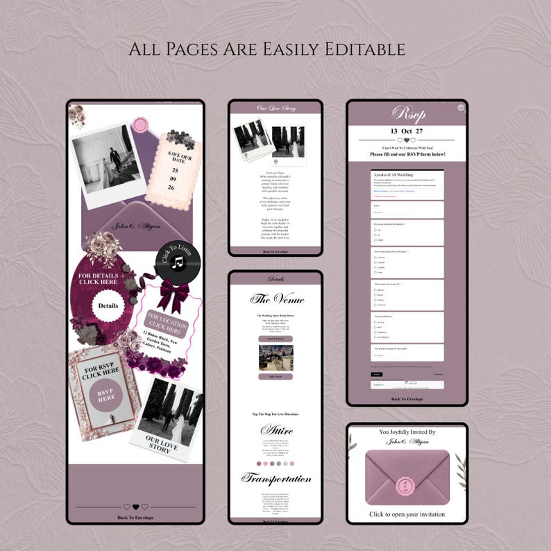 May include: A digital wedding invitation suite template featuring multiple screens with mauve and dark purple accents. The design includes editable sections for RSVP forms, venue details, attire, transportation, and photo galleries with floral motifs.