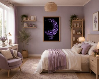 May include: A rectangular wall art print in a wooden frame featuring a black background with a crescent moon shape composed of numerous purple butterflies. Below the moon, a tree trunk silhouette is visible with the text LOVE YOURSELF in white.