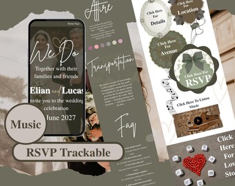 May include: A digital wedding invitation template featuring a smartphone display with the text We Do, Elian and Lucas, and June 2027. The design includes sections for Attire, Transportation, FAQ, and interactive buttons for Location, Avenue, RSVP, Music, and Love Story.