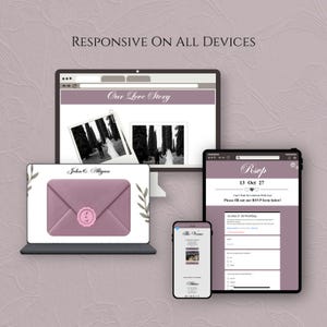 May include: A digital display showing a wedding website template on a desktop monitor, a laptop, a tablet, and a smartphone. The screens feature mauve and white color schemes, photos of a couple, an envelope graphic, and RSVP form text.