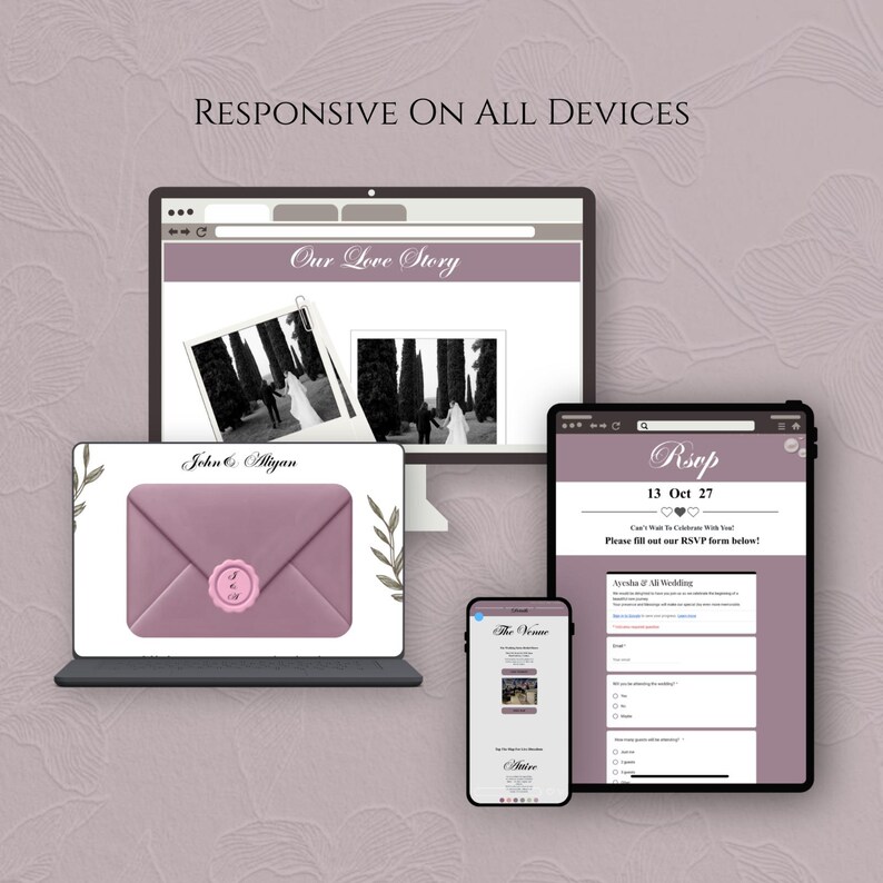 May include: A digital display showing a wedding website template on a desktop monitor, a laptop, a tablet, and a smartphone. The screens feature mauve and white color schemes, photos of a couple, an envelope graphic, and RSVP form text.