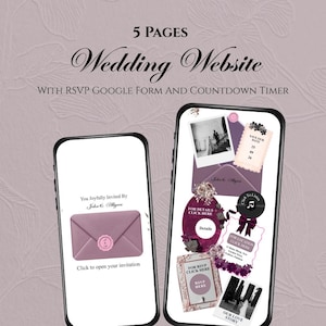 May include: Two smartphones displaying a 5-page wedding website template. The left screen shows an invitation with a mauve envelope and wax seal. The right screen features a collage of photos, a countdown timer, and buttons for RSVP and details.