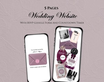 May include: Two smartphones displaying a 5-page wedding website template. The left screen shows an invitation with a mauve envelope and wax seal. The right screen features a collage of photos, a countdown timer, and buttons for RSVP and details.
